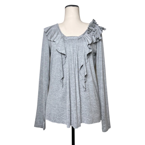 Sundance Gray Ruffle Shirt Top Women M Stretch Viscose Jersey Boho Artsy Neutral - Picture 2 of 8